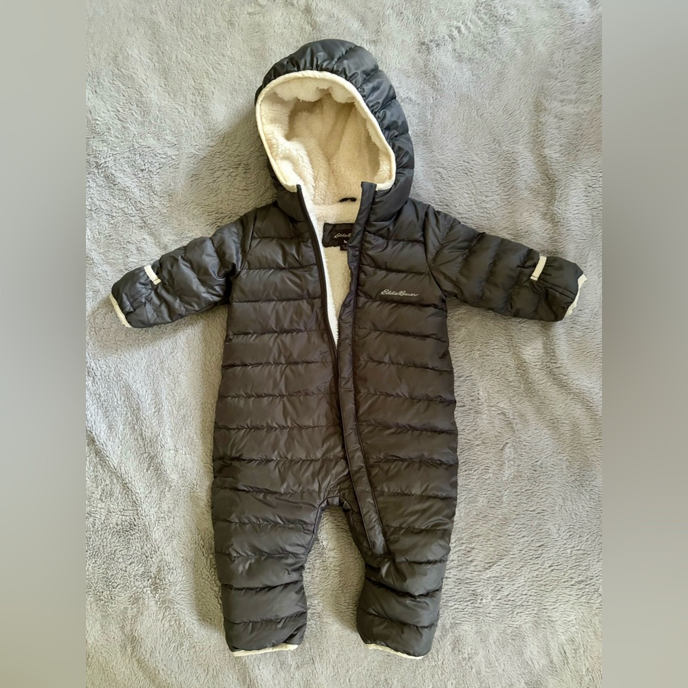 Eddie Bauer infant down snowsuit 3-6M gray with cream lining